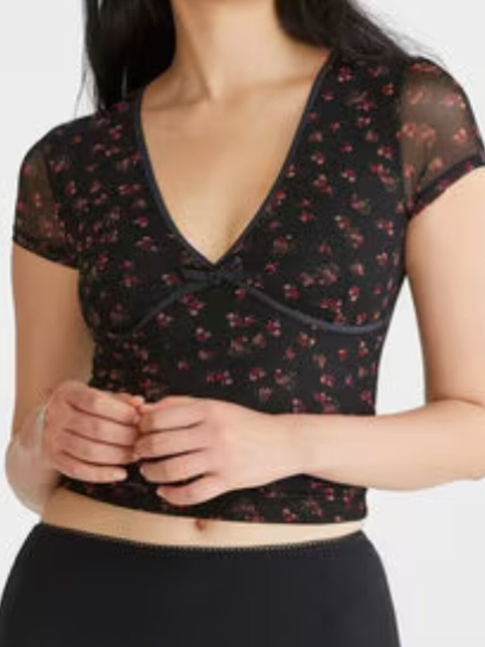 Aeropostale Black Floral Mesh Crop Top - Womens Size 10-12 LARGE *NWT*